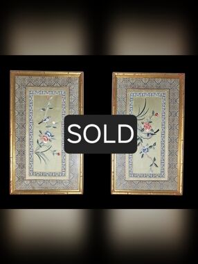 Vintage Japanese Framed Silkwork Panels Embroidered Art Deco